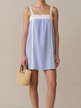 Few Moda Florence Cotton Light Blue Striped Lace-Trim Babydoll Dress